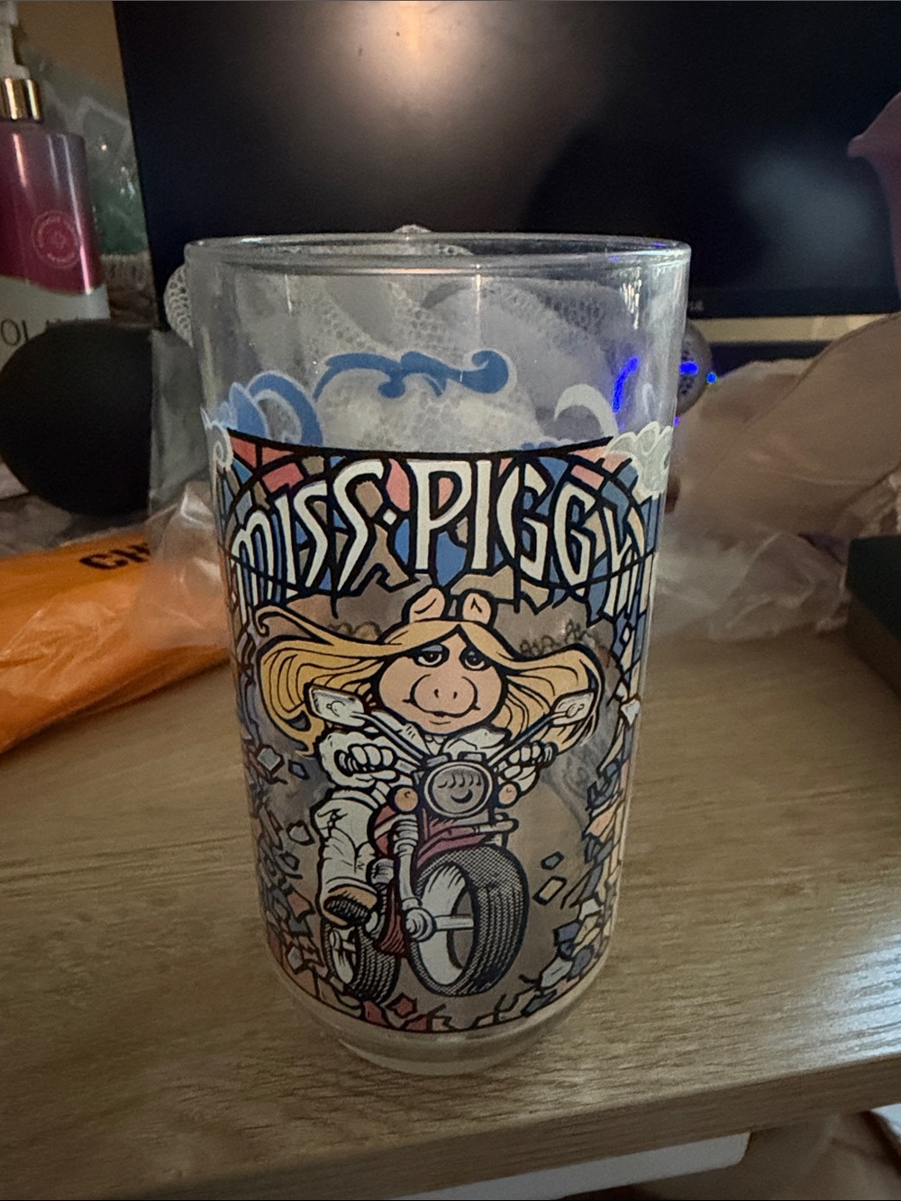 Miss Piggy Motorcycle Glass Tumbler - Pink and Blue Accent